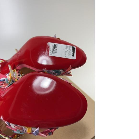 Meroine Pink Rainbow Woven 85mm raffia fringe heels mules D979 - Picture 9 of 11